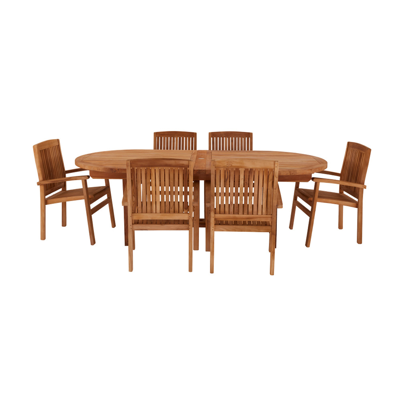 Product photograph of Avon Extending Oval Teak Table 240cm With 6 Henley Stacking Chairs from Cotswold Teak